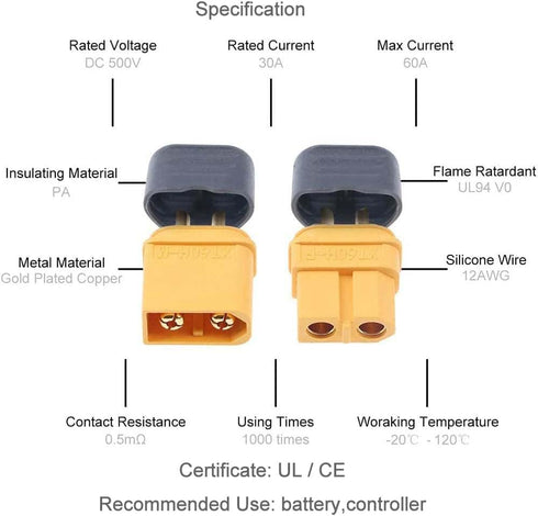 Amass 10Pairs XT60H Connectors (XT60 Upgrade) Male Female Bullet Connectors for RC Lipo Battery, Planes, Cars, ESC