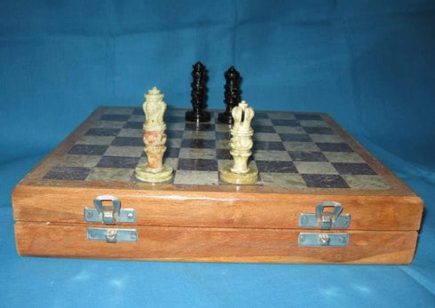 10" Chess Board Game Set with Wooden Base, Stone Inlay & Handmade Stone Chess Pieces, Folding Crafted Chess Game