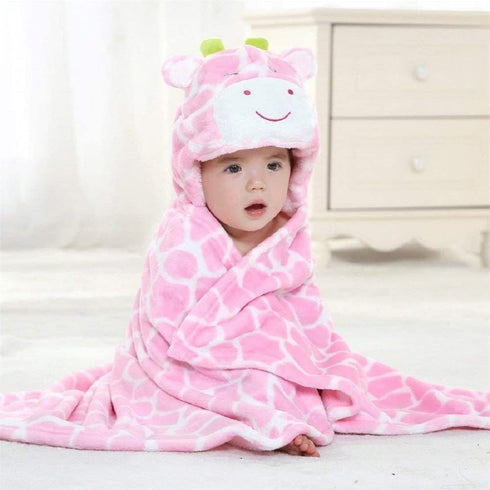 Baby Hooded Blanket, Newborn Soft Warm Swaddle Wrap, Animal Face Coral Fleece Shower Bath Towel