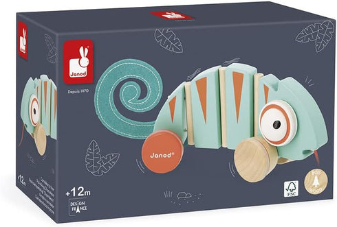 Janod - Tropik Pull-Along Chameleon, Wooden Early-Learning Toy, Educational Walking and Balancing Toy