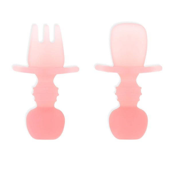 Bumkins Baby Utensils Set, Soft Practice Fork and Spoon, Chewtensils Silicone Spoons for Self-Feeding, Pink Jelly, 6