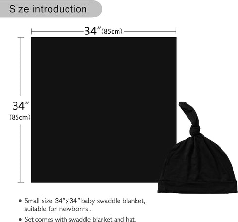 Newborn Swaddle Blanket with Hat Set, Hospital Receiving Blankets for Girls and Boys (Black)