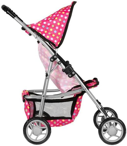 fash n kolor - Deluxe Doll Stroller My First Baby Doll Strollers Toy with Bigger Wheels - Polka Dot Design with Basket