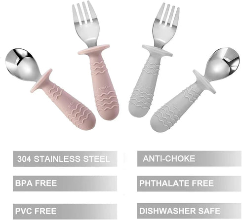 PandaEar 4 Set Baby Toddler Silicone Stainless Steel Utensils, BPA Free with Anti-Choke Design (Pink & Grey)