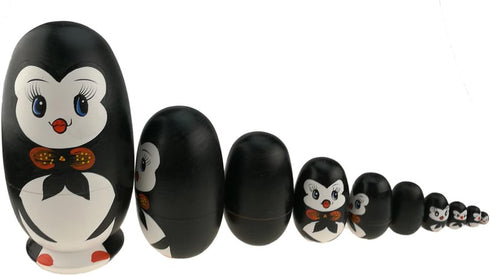 Apol Lovely Penguin with Bowtie Handmade Wooden Russian Nesting Dolls Set, 10 Pieces in a Box