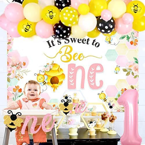 1st 1st Bee Birthday Decorations for Girl Bee Birthday Balloon Garland Kit Pink Yellow It's Sweet to Bee One Backdrop