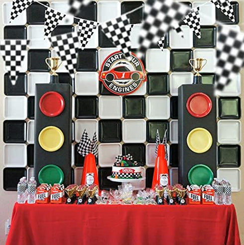 Piokio 100ft Black and White Checkered Flag Banner for Racing Birthday Decorations, Nascar Cars Party Supplies
