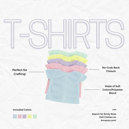 18-Inch 5-Pack Emily Rose Doll Clothes Pastel T-Shirts - DIY Craft Kit with Pink, Blue, Green, Yellow & Purple Tees