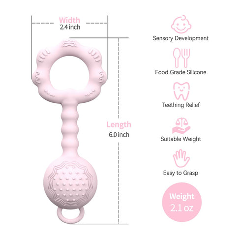 Teething Toys for Babies 6-12 Months, Baby Rattles 0-6 Months, 2-in-1 Rattle and Teether Toy for Soothing Sore Gums and Keeps Little Ones Entertained, Food Grade Silicone, Pink