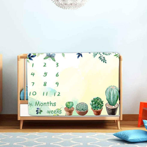 Baby Monthly Milestone Blanket, Green Cactus Butterfly Leaves, Newborn Growth Chart, 48x40 Inch