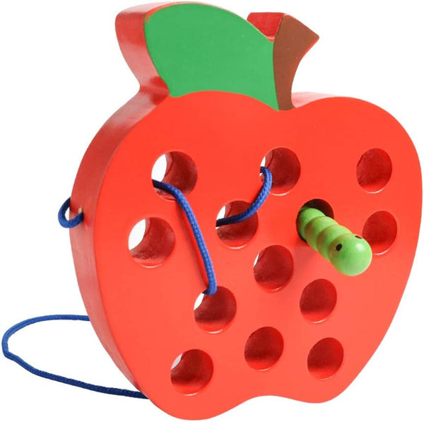 JCREN Wooden Lacing Apple Threading Toys - Wood Lace Block Puzzle Shape Travel Game for 3-5 Years Old Kids