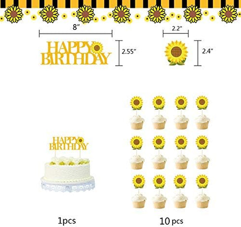 33 Pieces Sunflower Party Supplies, Happy Birthday Banner, Big Cake Topper, Yellow Sunflower Cupcake Topper, Garland
