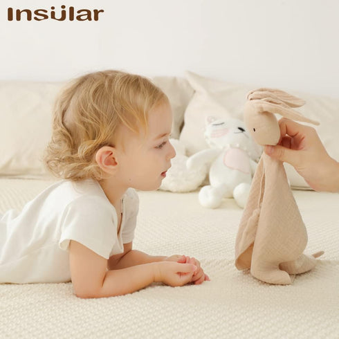insular Bunny Lovey Blanket for Boys and Girls, Organic Cotton Muslin Security Blanket, 2 Pcs Set (Beige&Pink)