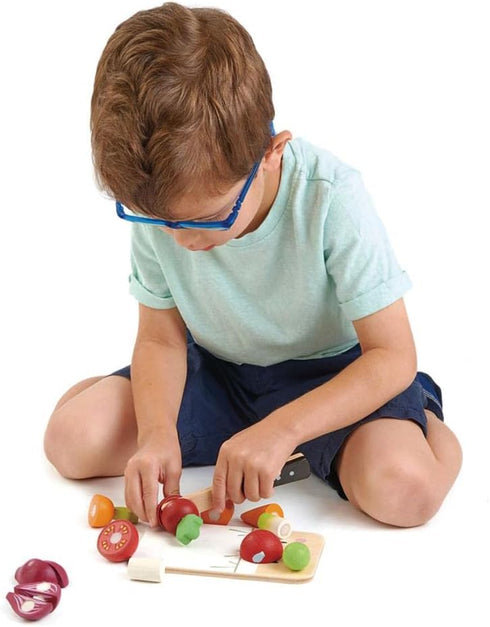 Tender Leaf Toys Mini Chef Chopping Board - 16 Pcs Wooden Cutting Vegetable Toys with Knife for Play Kitchen