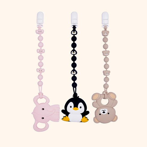 Set 3 Cute Animal Baby Food Grade Silicone Teether Toy with One Piece Design Pacifier Clip Holder,Teething Pain Relief
