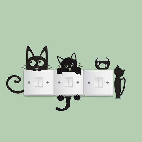 Removable Switch Sticker, 6 Pcs Cute Black Cats Cartoon Wall Sticker, Light Switch Decor Decals for Family DIY Home