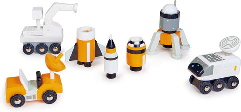 Tender Leaf Toys - Space Voyager Set, 7 Piece Solid Wood Space Vehicle Set with Moving Parts for Imaginative Play, Age