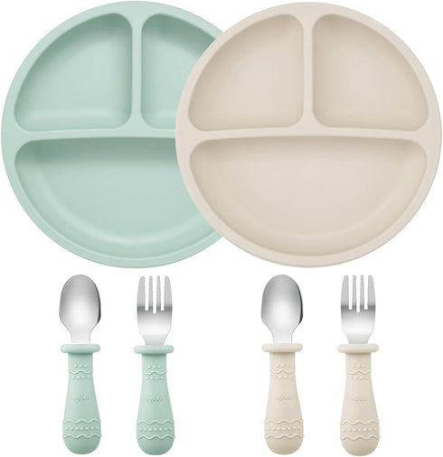 PandaEar Baby Feeding Set, 2 Pack Silicone Divided Suction Plates, 2 Set Toddler Spoons & Forks for Self Feeding