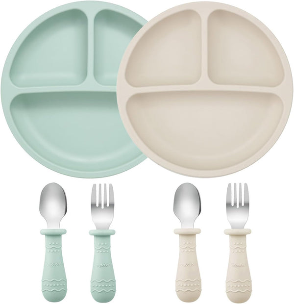 PandaEar Baby Feeding Set, 2 Pack Silicone Divided Suction Plates, 2 Set Toddler Spoons & Forks for Self Feeding