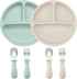 PandaEar Baby Feeding Set, 2 Pack Silicone Divided Suction Plates, 2 Set Toddler Spoons & Forks for Self Feeding