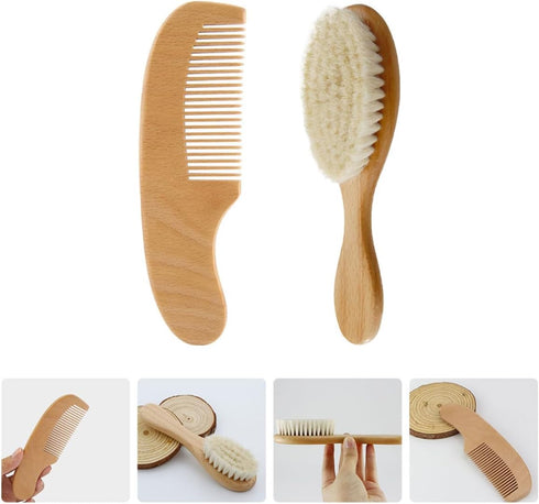 Set 2pcs Set ERINGOGO Bath Comb and Head Massage Brush for Newborns, Natural Wool Bristles with Wooden Handle, Scalp