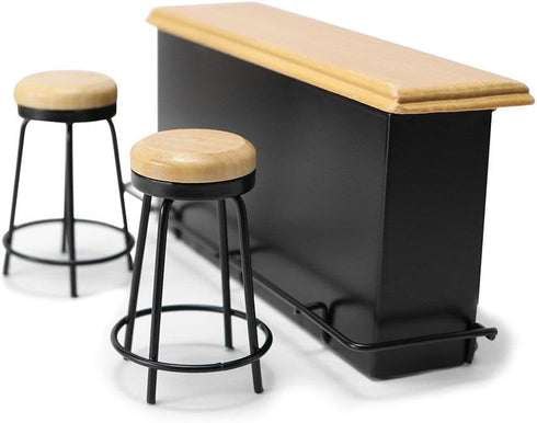 Dollhouse Furniture Metal Bar Table & Chair - Wood Top Pub Set, 1:12 Scale Miniature Accessories, Bar Counter Stool