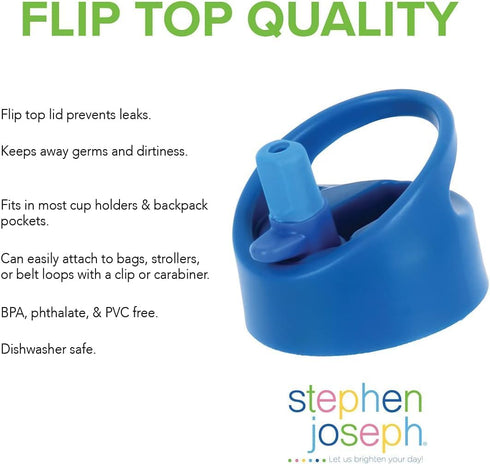 Stephen Joseph Kids Flip Top Water Bottle, 10 oz Tritan BPA Free, Back to School Bottle for Girls & Boys, Blue Dino