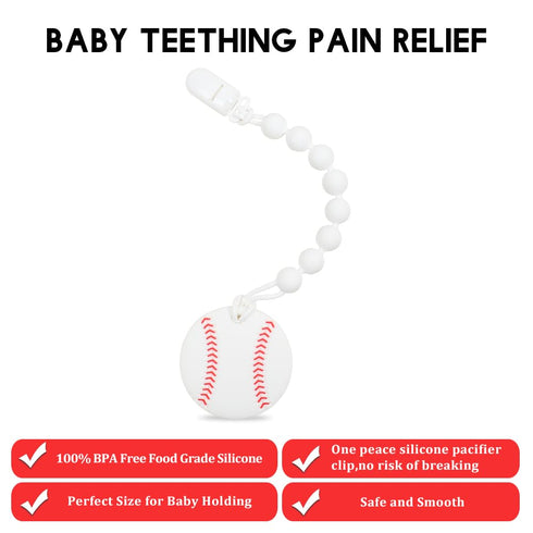 Baby Food Grade Silicone Sport Ball Teether Toy with One Piece Design Pacifier Clip Holder,Teething Pain Relief Toys Gift Set for 3 Months+ Boys and Girls,Freezer Safe,BPA Free. (Baseball)