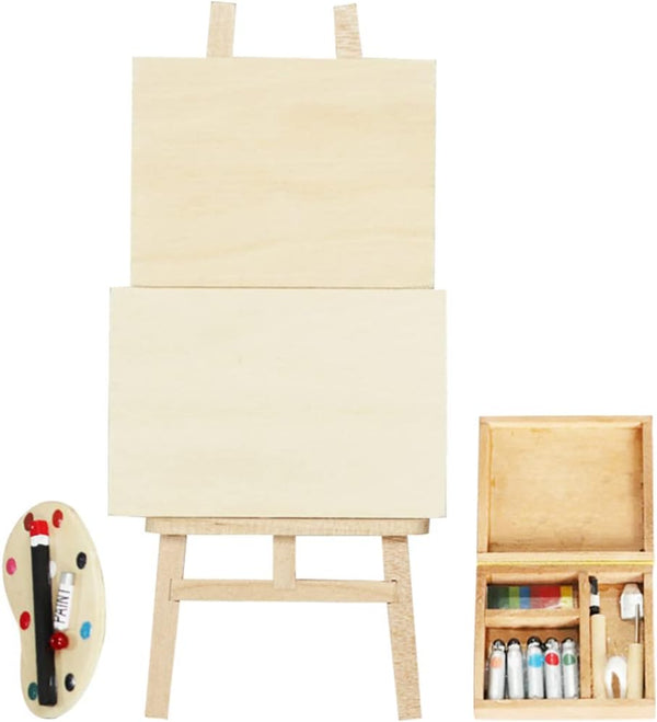 jojofuny Doll House Accessory Painting Tool Set, Wooden Easel Dollhouse Furniture Decoration