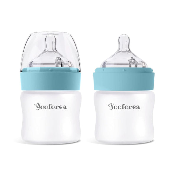 Yooforea Silicone Coated Glass Baby Bottle, 0M+ Slow Flow Nipple, Wide Neck, Medical-Grade Silicone Coating, 2 Pack, 3