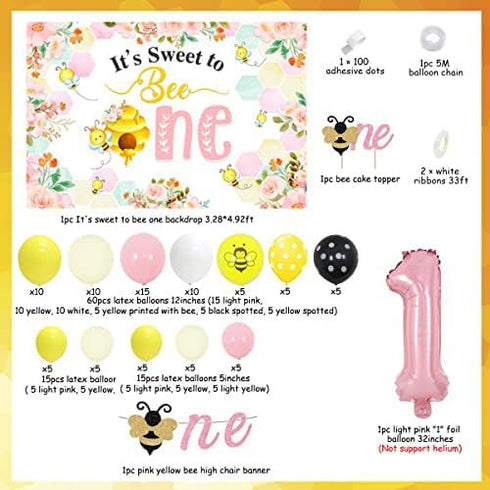 1st 1st Bee Birthday Decorations for Girl Bee Birthday Balloon Garland Kit Pink Yellow It's Sweet to Bee One Backdrop