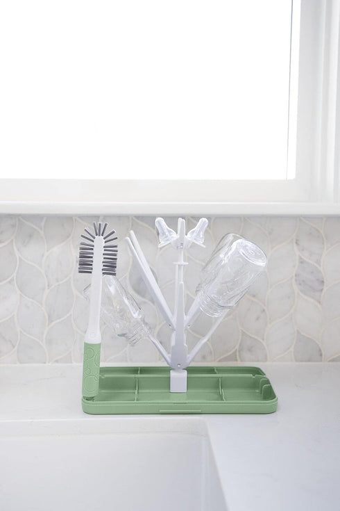 Ubbi On-The-Go Drying Rack and Brush Set, includes Travel Case and Bottle Brush for Compact Storage, Sage