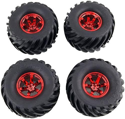 4PCS 1/10 RC Monster Truck Wheel and Tire Set, 135MM Rubber Tyres and 6 Spoke Plastic Wheel Rims (Red)