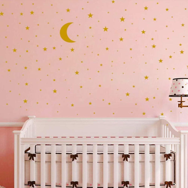 Moon and Stars Wall Decal Vinyl Sticker, Removable Kids Art for Baby Room Decoration, Good Night Nursery Decor (Golden)