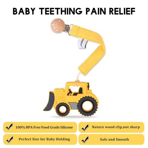Baby Food Grade Silicone Car Teether Toy with Pacifier Clip Holder, Yellow Bulldozer, BPA Free, 3 Months+