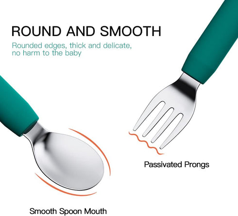 Baby Forks and Spoons Set Baby Training Utensils Self Feeding Toddler Silverware Silicone and Stainless Steel Kids and Toddler Utensil (Green Dinosaur - Long) by SFCCMM