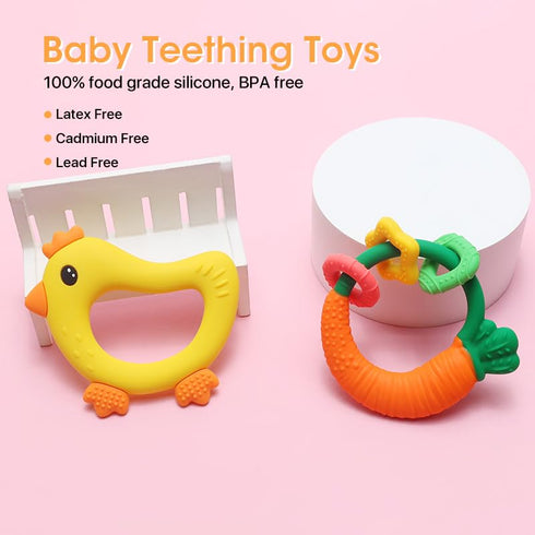 3 Baby Teether with Easy-Hold Handle, Silicone, BPA-Free, Soothe Sore Gums, Textured for Sensory Development, Teethable