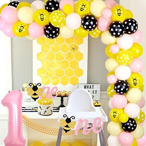 1st 1st Bee Birthday Decorations for Girl Bee Birthday Balloon Garland Kit Pink Yellow It's Sweet to Bee One Backdrop