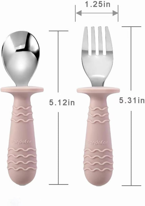 PandaEar 4 Set Baby Toddler Silicone Stainless Steel Utensils Silverware Spoon Fork for Baby Toddler BPA Free with Silicone Holding Anti-Choke Design (Pink&Grey) by PandaEar