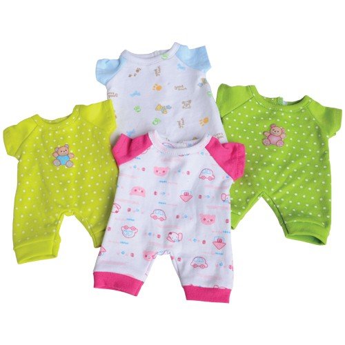 Constructive Playthings Washable Pajama Outfits for 10 inch Baby Dolls, Set of 4 with Hook and Loop Closures