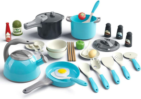 Bruvoalon 32Pcs Kids Play Kitchen Toy Set, Pretend Cooking Accessories with Pots, Pans, and Foods for Girls Boys