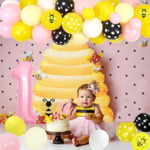 1st 1st Bee Birthday Decorations for Girl Bee Birthday Balloon Garland Kit Pink Yellow It's Sweet to Bee One Backdrop