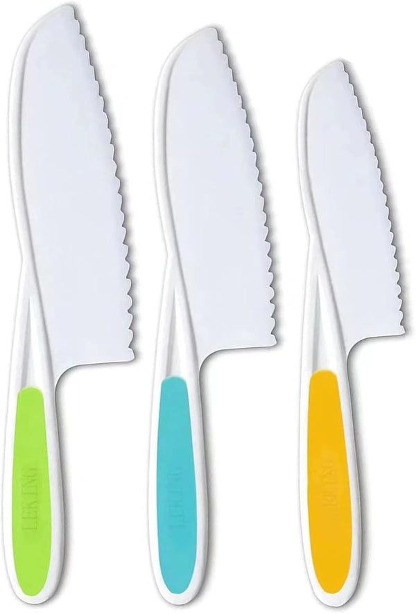 Leking 3 Pcs Kids Kitchen Knife, Plastic Serrated Edges Kids Knife Set for Cooking and Cutting Cakes, Fruits and