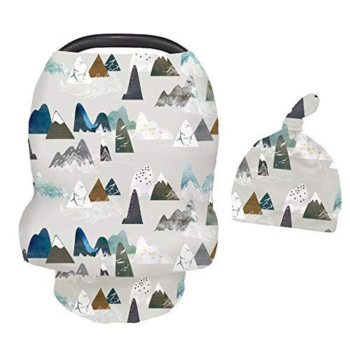 Baby Carseat Cover with Beanie, Adventure Mountain Infant Carseat Canopy for Boys Girls, Nursing Cover Breastfeeding