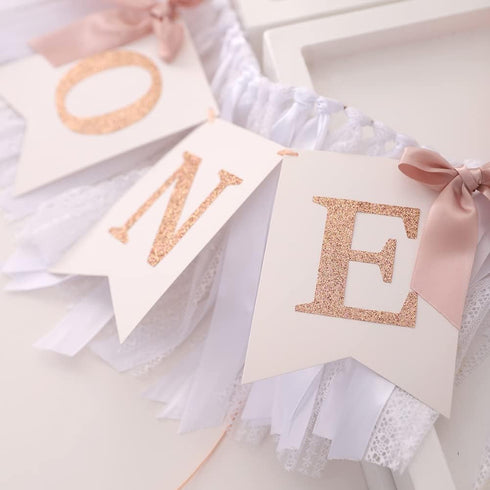 TUTOTU 1st Rose Gold Blush & White Birthday Banner - Highchair Banner, Party Decoration