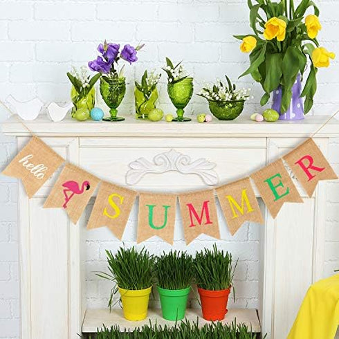Hello Summer Burlap Banner Rustic Summer Decoration with Flamingo Pattern for Pool Party, Beach Party, Barbecue