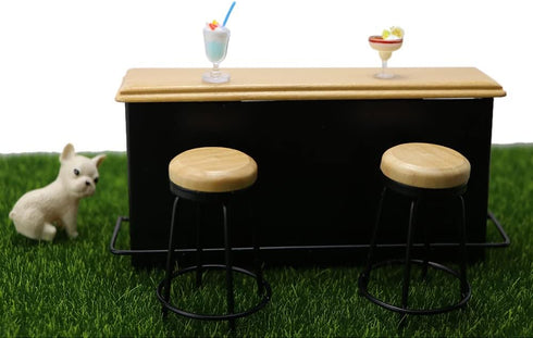 Dollhouse Furniture Metal Bar Table & Chair - Wood Top Pub Set, 1:12 Scale Miniature Accessories, Bar Counter Stool