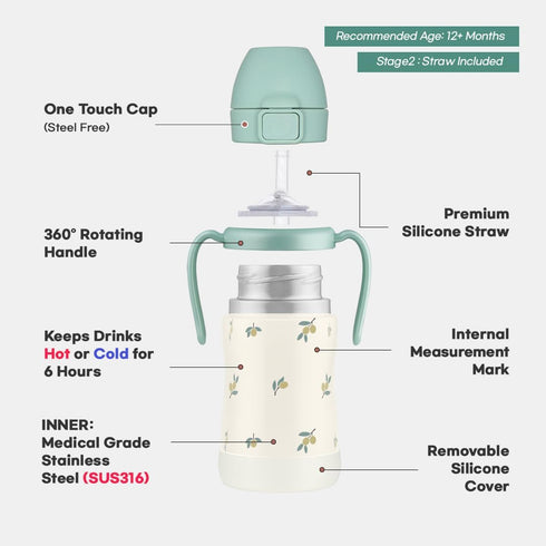316 6oz) GROSMIMI Insulated Stainless Steel Spill Proof Straw Cup, Water bottle with Flip Top for Toddlers, BPA Free