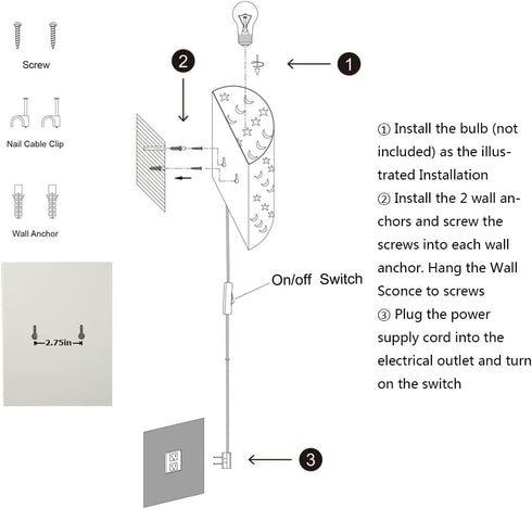 AizzKry 6FT E26 Bulb) Plug In Wall Sconce Stars and Moons Kids Wall Lamp, Nursery Baby Room Wall Light with Plug