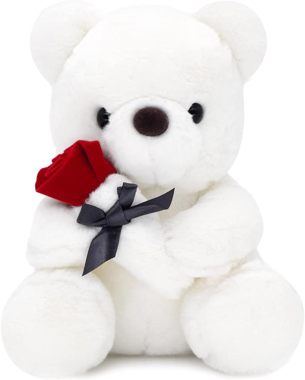 9.8'' Teddy Bear with Rose, Soft Plush Doll, Valentines Day Gifts for Her/Girlfriend Mom Kids (White)